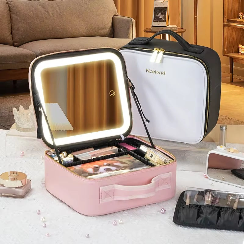 Portable LED Makeup Bag with Mirror – Rechargeable Travel Cosmetic Organizer