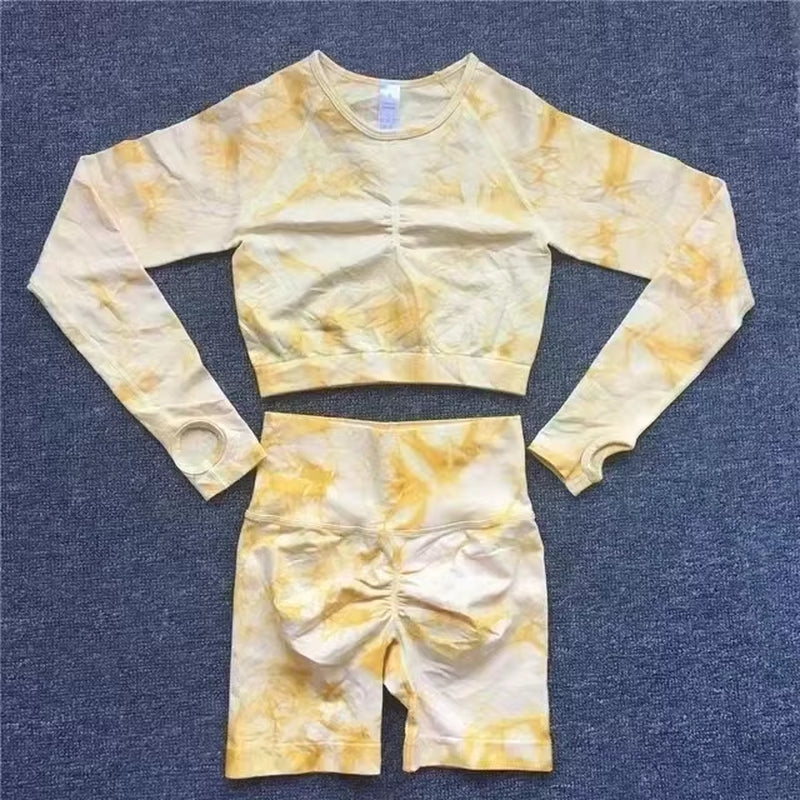 Seamless Tie-Dye Yoga Set with High-Waisted Leggings and Cutout Bra for Women - Fitness and Workout Apparel