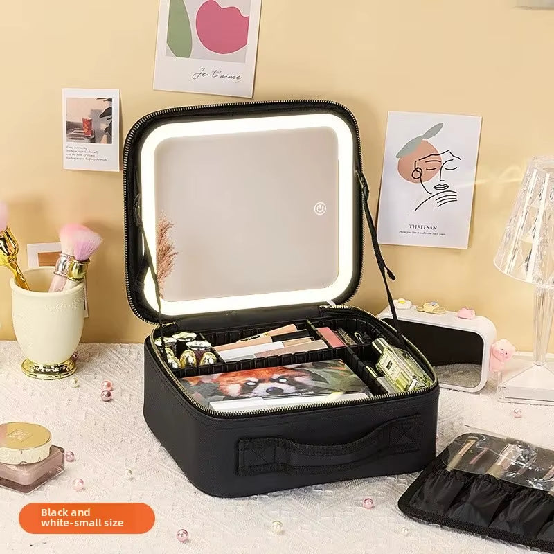 Portable LED Makeup Bag with Mirror – Rechargeable Travel Cosmetic Organizer