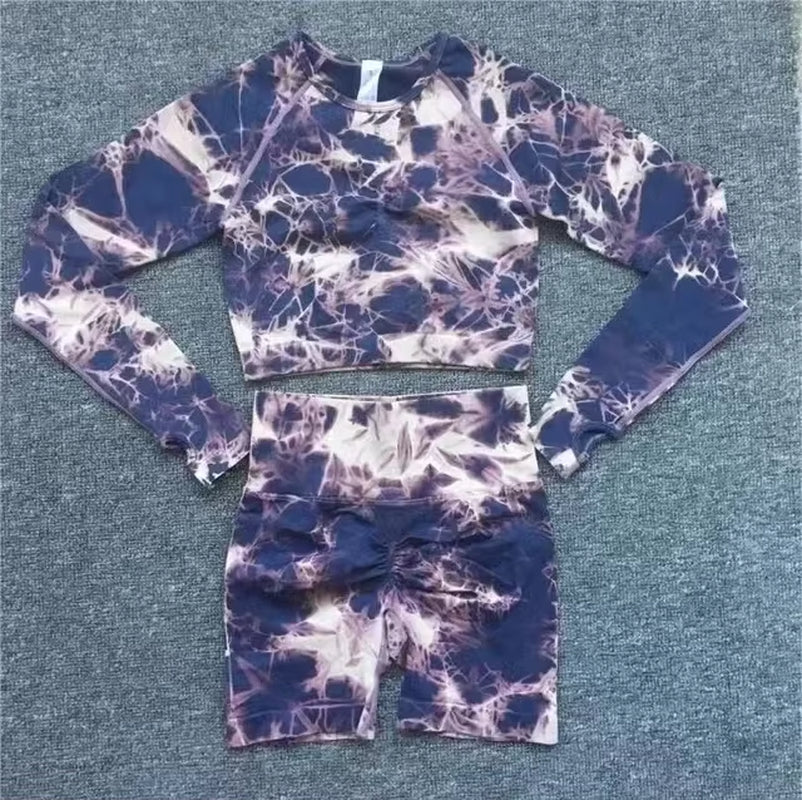 Seamless Tie-Dye Yoga Set with High-Waisted Leggings and Cutout Bra for Women - Fitness and Workout Apparel