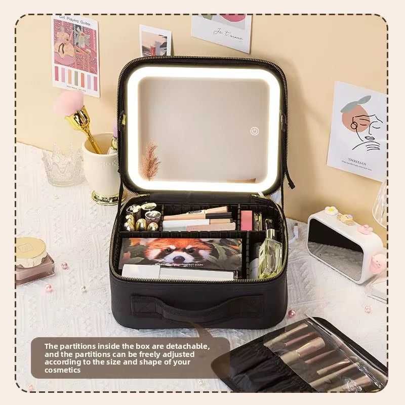 Portable LED Makeup Bag with Mirror – Rechargeable Travel Cosmetic Organizer