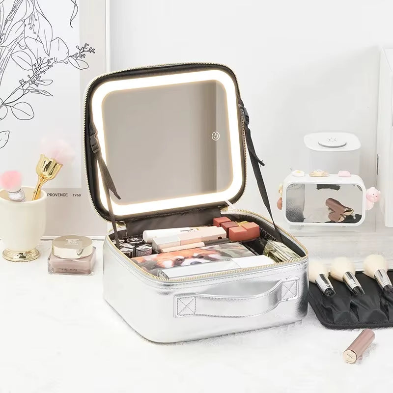 Portable LED Makeup Bag with Mirror – Rechargeable Travel Cosmetic Organizer