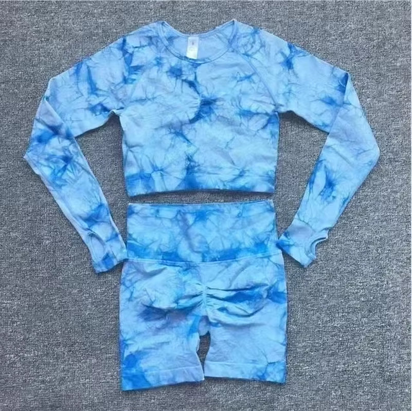 Seamless Tie-Dye Yoga Set with High-Waisted Leggings and Cutout Bra for Women - Fitness and Workout Apparel