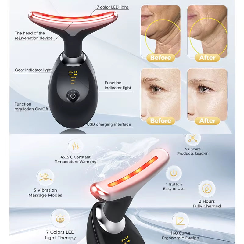 LED Facial and Neck Massager with Three Light Modes for Skin Tightening - Available in 3 or 7 Color Options