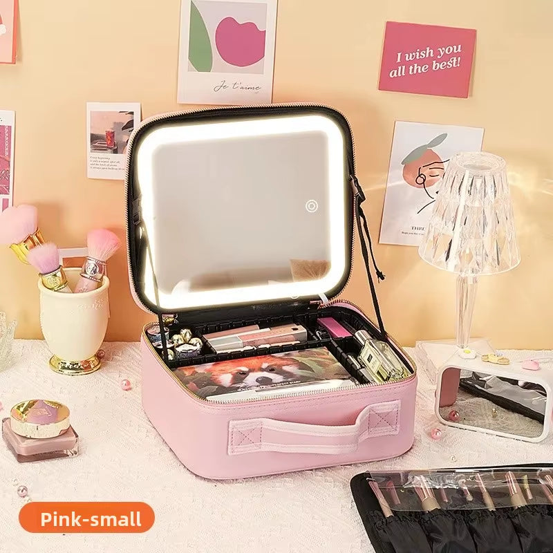 Portable LED Makeup Bag with Mirror – Rechargeable Travel Cosmetic Organizer