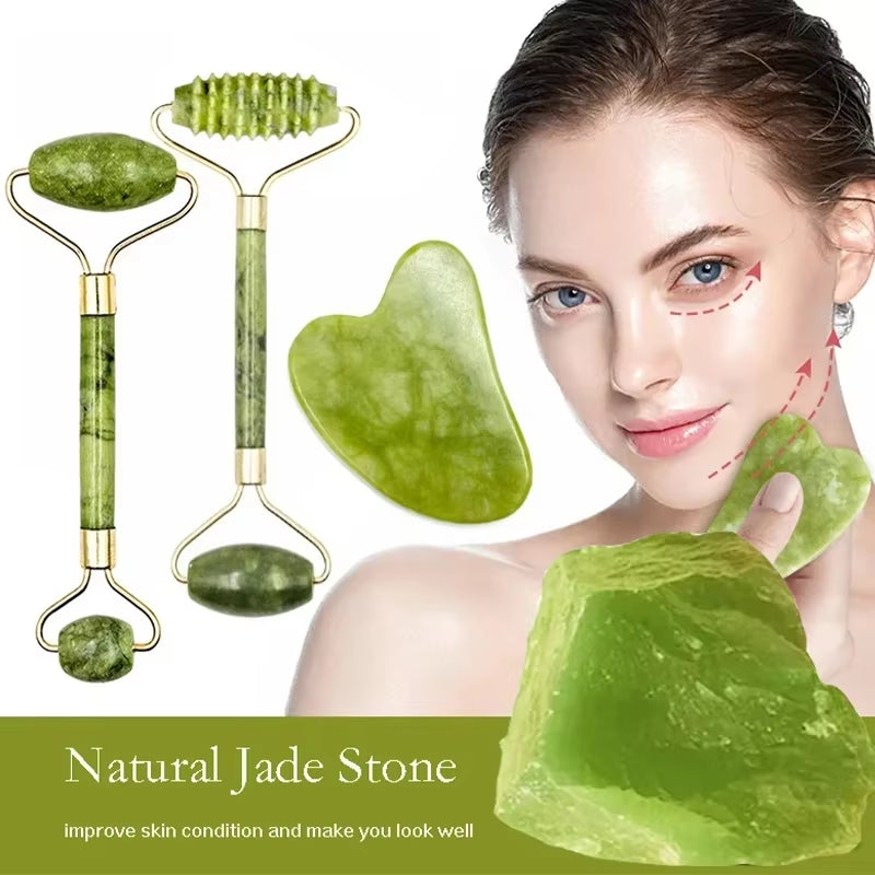 Natural Jade Roller and Gua Sha Massage Tool Set for Spa and Facial Treatments