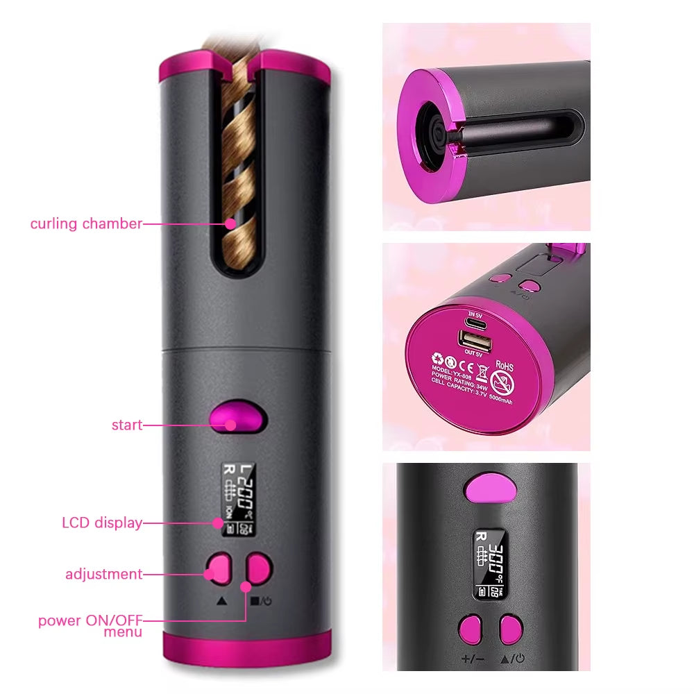 Portable Wireless Automatic Curling Iron with Anion Ceramic Technology - Fast Heating Travel Hair Curler and Styling Comb
