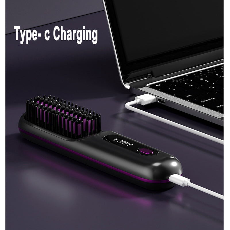 2-in-1 Wireless Hair Straightener Brush with Fast Heating and Portable Hot Curling Function, USB Charging