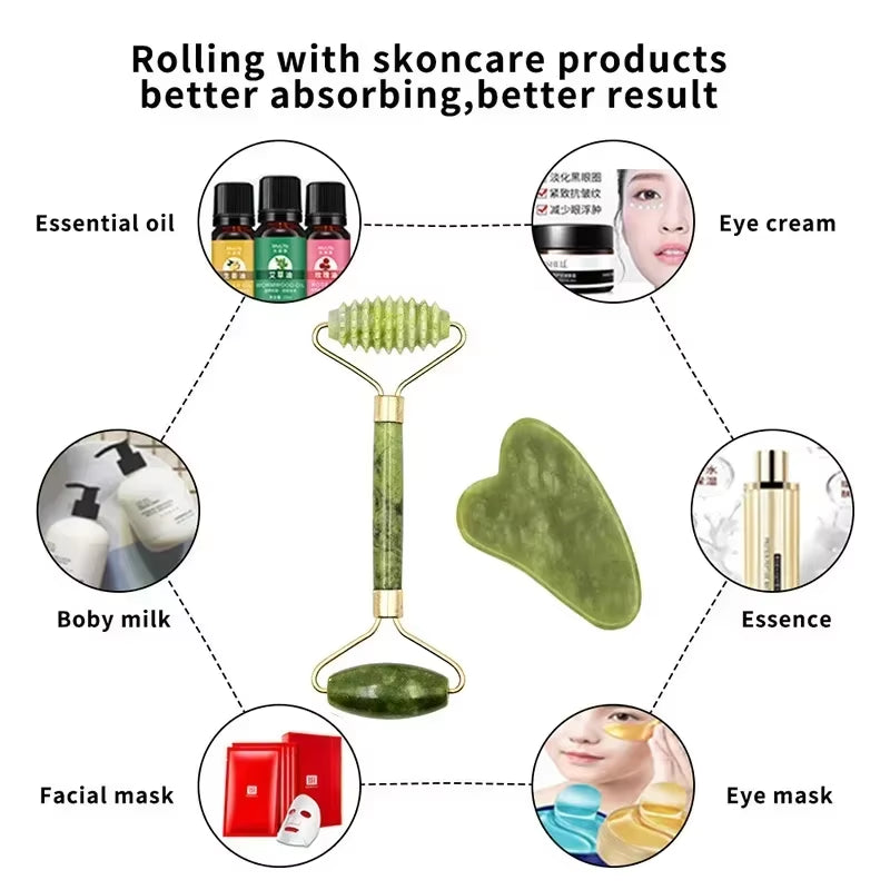 Natural Jade Roller and Gua Sha Massage Tool Set for Spa and Facial Treatments