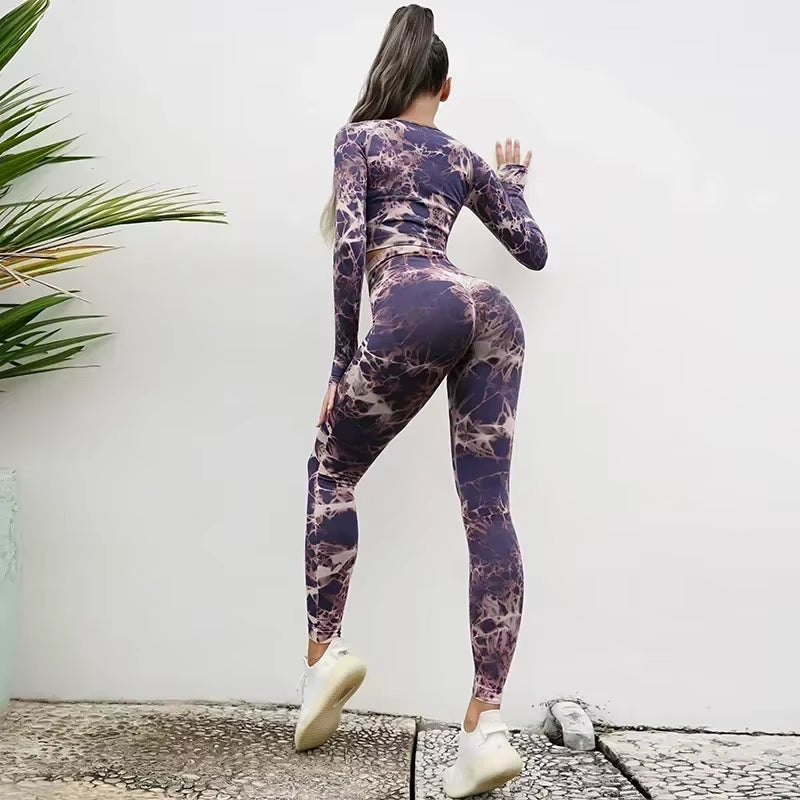 Seamless Tie-Dye Yoga Set with High-Waisted Leggings and Cutout Bra for Women - Fitness and Workout Apparel