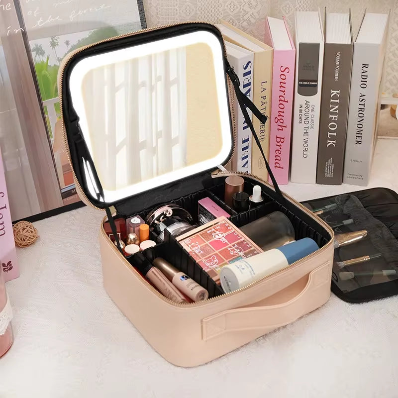 Portable LED Makeup Bag with Mirror – Rechargeable Travel Cosmetic Organizer
