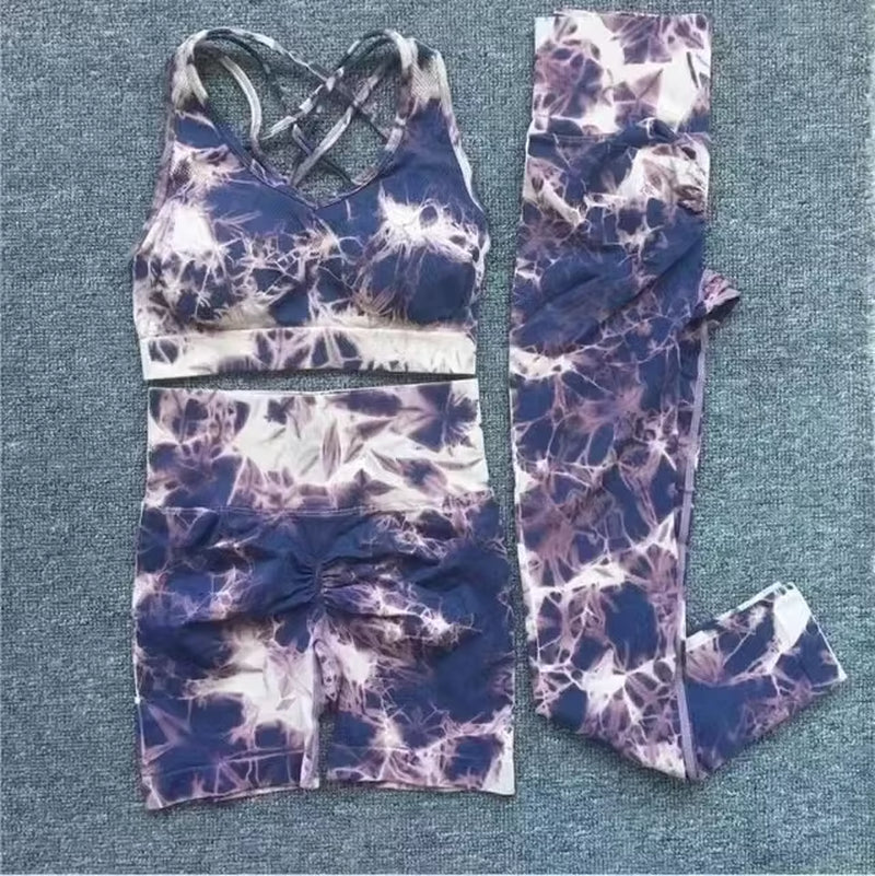 Seamless Tie-Dye Yoga Set with High-Waisted Leggings and Cutout Bra for Women - Fitness and Workout Apparel