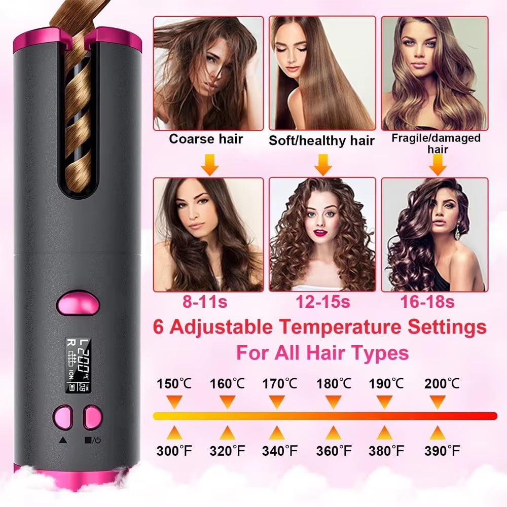 Portable Wireless Automatic Curling Iron with Anion Ceramic Technology - Fast Heating Travel Hair Curler and Styling Comb