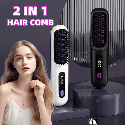 2-in-1 Wireless Hair Straightener Brush with Fast Heating and Portable Hot Curling Function, USB Charging