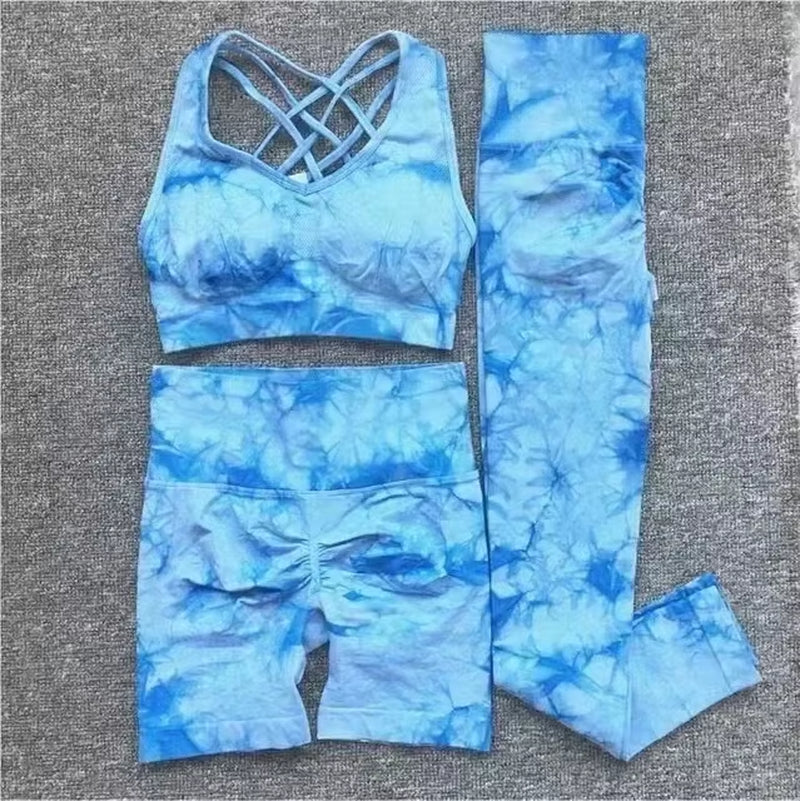 Seamless Tie-Dye Yoga Set with High-Waisted Leggings and Cutout Bra for Women - Fitness and Workout Apparel