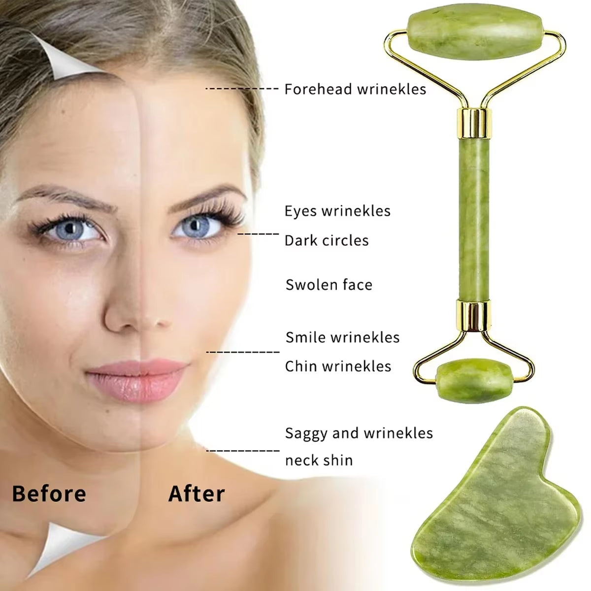 Natural Jade Roller and Gua Sha Massage Tool Set for Spa and Facial Treatments