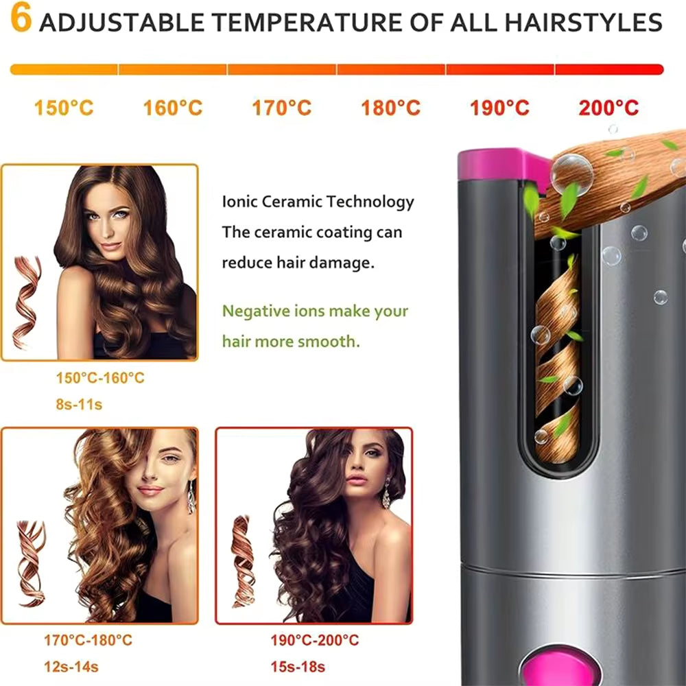 Portable Wireless Automatic Curling Iron with Anion Ceramic Technology - Fast Heating Travel Hair Curler and Styling Comb