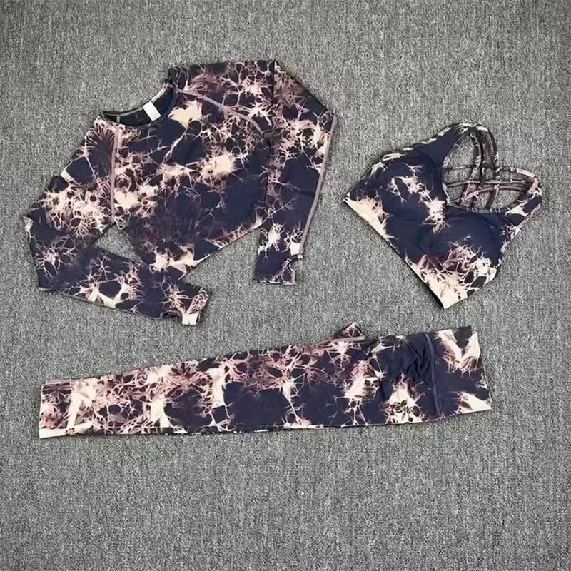 Seamless Tie-Dye Yoga Set with High-Waisted Leggings and Cutout Bra for Women - Fitness and Workout Apparel