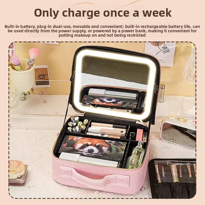 Portable LED Makeup Bag with Mirror – Rechargeable Travel Cosmetic Organizer