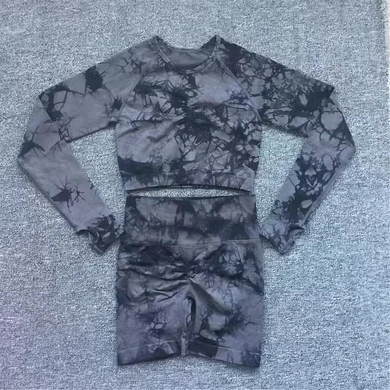 Seamless Tie-Dye Yoga Set with High-Waisted Leggings and Cutout Bra for Women - Fitness and Workout Apparel