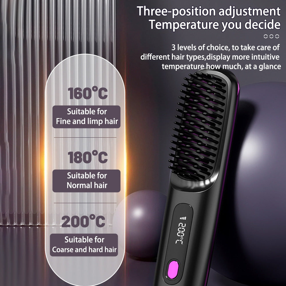 2-in-1 Wireless Hair Straightener Brush with Fast Heating and Portable Hot Curling Function, USB Charging