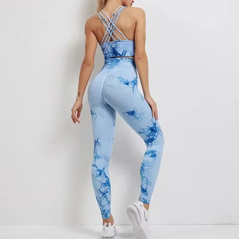 Seamless Tie-Dye Yoga Set with High-Waisted Leggings and Cutout Bra for Women - Fitness and Workout Apparel