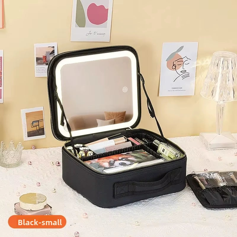 Portable LED Makeup Bag with Mirror – Rechargeable Travel Cosmetic Organizer