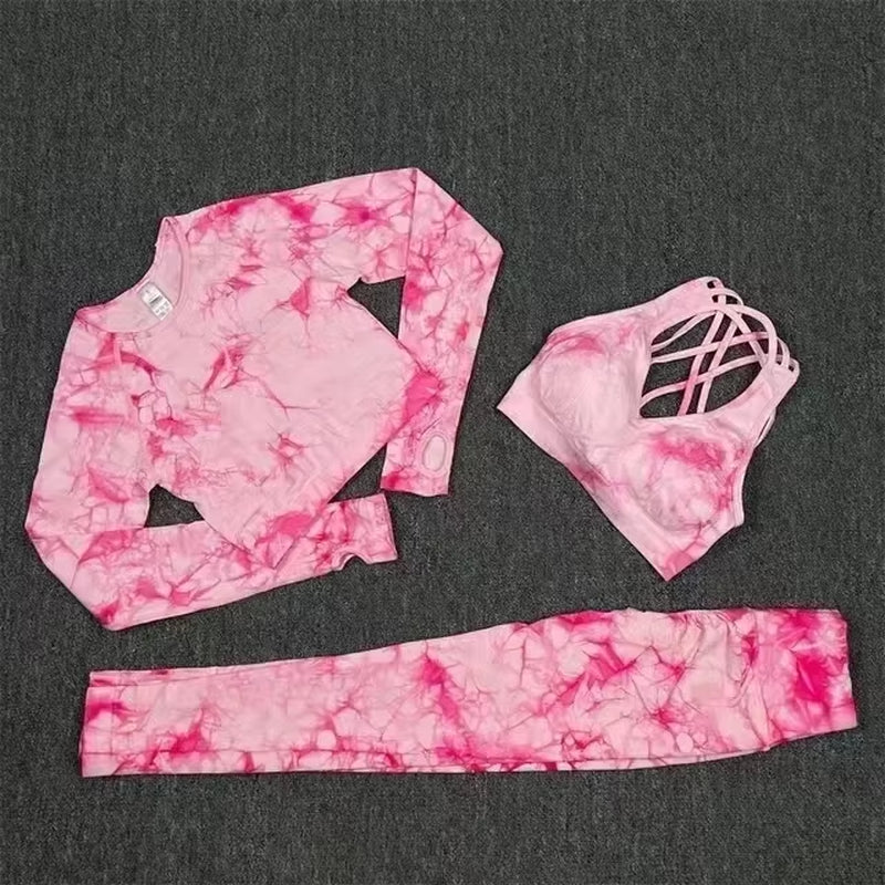 Seamless Tie-Dye Yoga Set with High-Waisted Leggings and Cutout Bra for Women - Fitness and Workout Apparel