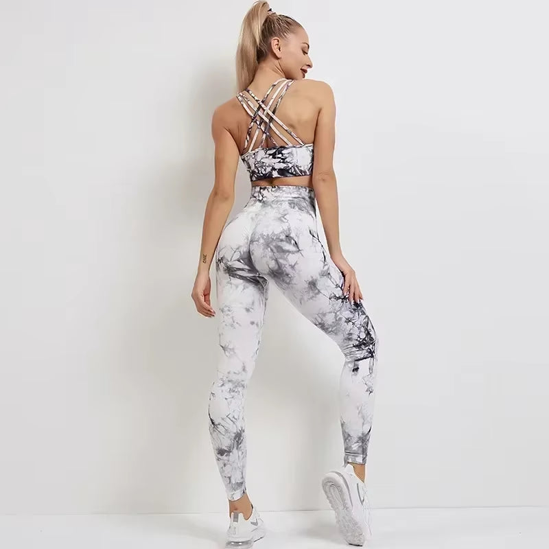 Seamless Tie-Dye Yoga Set with High-Waisted Leggings and Cutout Bra for Women - Fitness and Workout Apparel