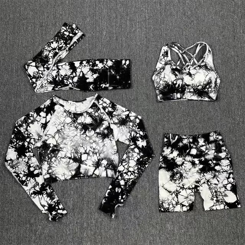 Seamless Tie-Dye Yoga Set with High-Waisted Leggings and Cutout Bra for Women - Fitness and Workout Apparel